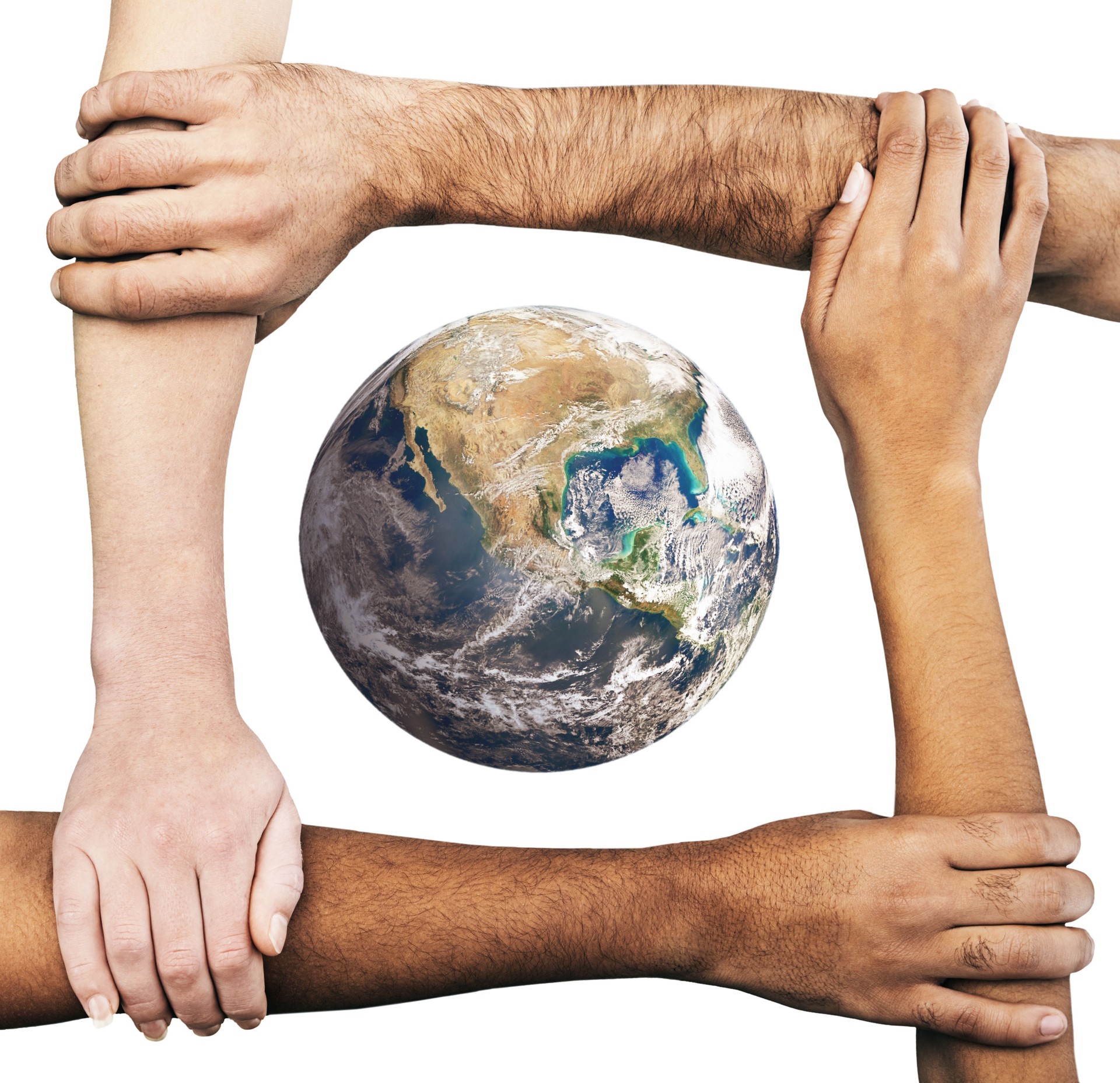 Caring about Earth: diverse group of clasped hands form a frame around our planet