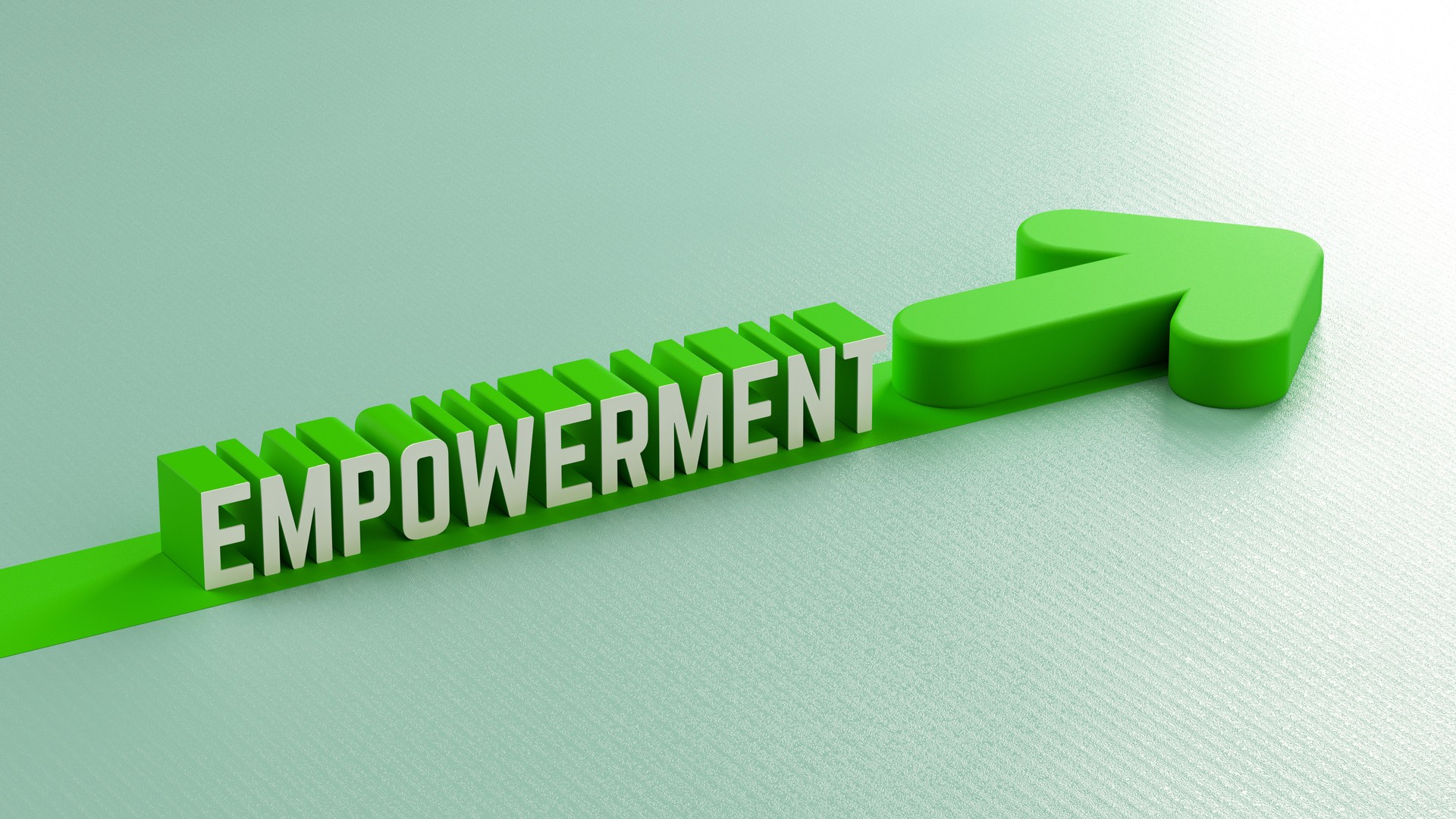 Green 3D text EMPOWERMENT, arrow symbol, soft gradient background, upward trajectory, clean typography, growth metaphor, professional graphics, forward momentum, 3D render.